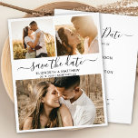 Budget Elegante Script Foto Collage Save the Date Flyer<br><div class="desc">Budget elegante moderne Schwarz-Weiß-Drehbuch 3 Foto Collage Hochzeit sparen das Datum Ankündigung personalisiert erschwinglichen Low Budget Flyer. Chic minimalistisches Design-Template verfügt über drei (3) Paar Foto Collage und elegante kursive Hand Schrift Schrift "Save the Date" Text in Schwarz auf weißem Hintergrund. ***BEACHTE! *** HAUSHALTSPAPIER/FLYER IST PAPIERTHIN. KEINE ENVELOPEN SIND ENTHALTEN.***...</div>