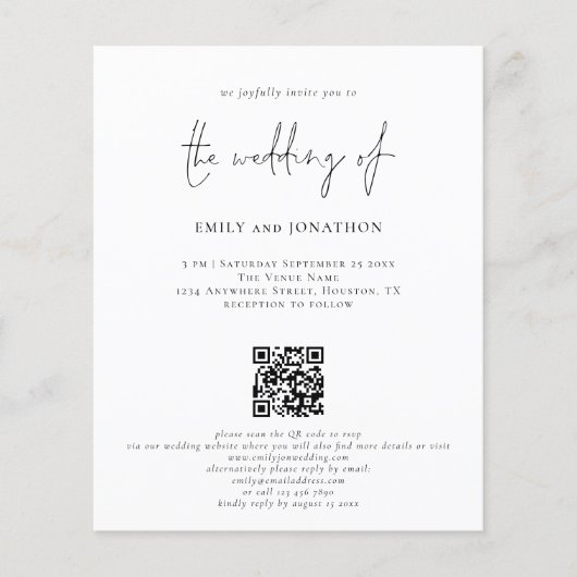 Budget Elegante Script QR Code Hochzeitsempfehlung (Vorderseite)