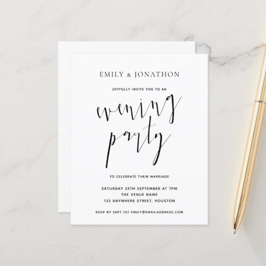Budget Elegante Script Wedding Abend Party Einladu (Vorderseite/Rückseite Beispiel)
