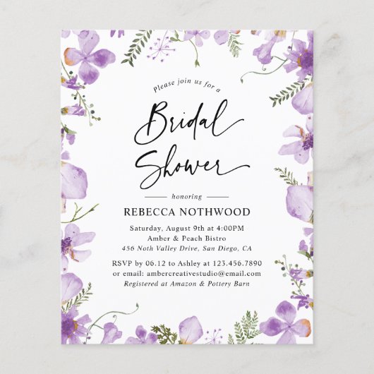Budget Elegante Violet Bridal Dusche Einladung (Vorderseite)