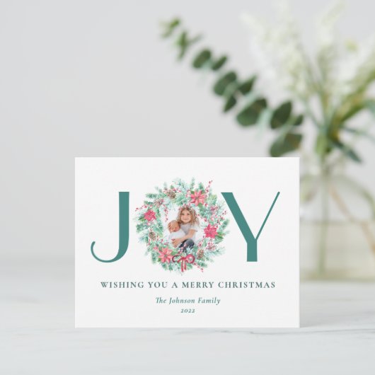 Budget Elegante Watercolor JOY & Foto Weihnachten (Stehend Vorderseite)