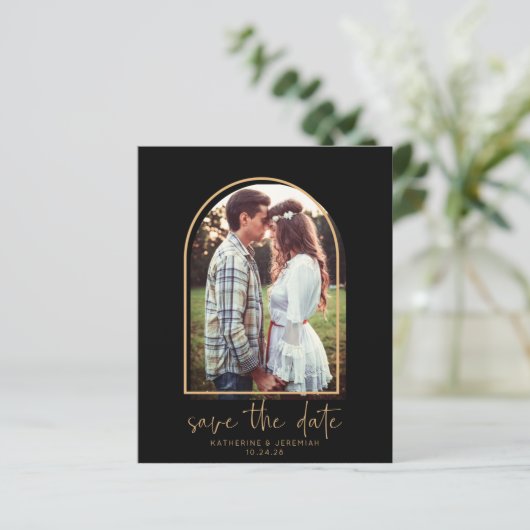 Budget Eleganter Arch Black Save the Date (Stehend Vorderseite)