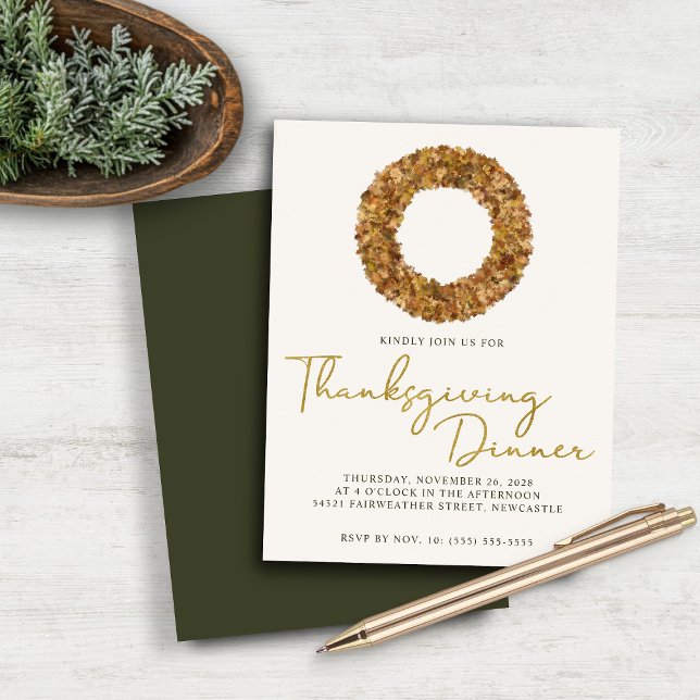 Budget Eleganter Fall Wreath Gold Foil Erntedank (Budget Elegant Fall Wreath Gold Foil Thanksgiving Dinner Invitation)