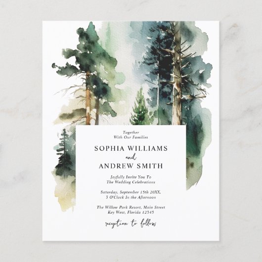 Budget Eleganter Grünwald Einladung zur Hochzeit (Vorderseite)