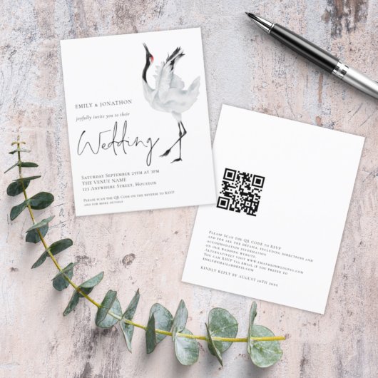 Budget Eleganter Krane QR Code Einladung Hochzeit