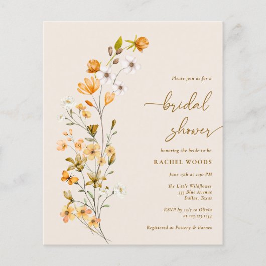 BUDGET Elegantes Boho Wildblume Brautparty Flyer (Vorne)