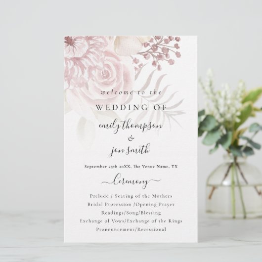 Budget Elegantes Florals Script Pink Wedding Progr (Stehend Vorderseite)