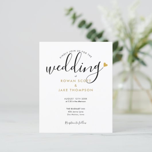 Budget Elegantes Gold Heart Foto Einladung Hochzei (Stehend Vorderseite)