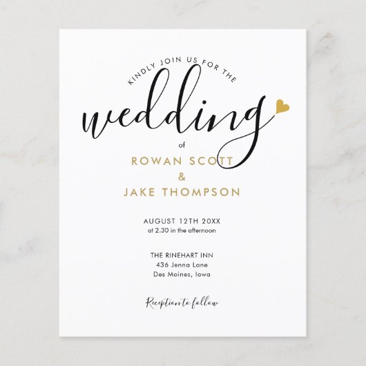 Budget Elegantes Gold Heart Foto Einladung Hochzei (Vorderseite)