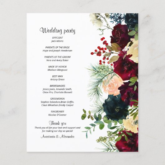 Budget Elegantes Hochzeitsprogramm für Blume. (Rückseite)