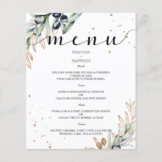 Budget Elegantes Olive WEDDING MENU. Flyer (Vorne)