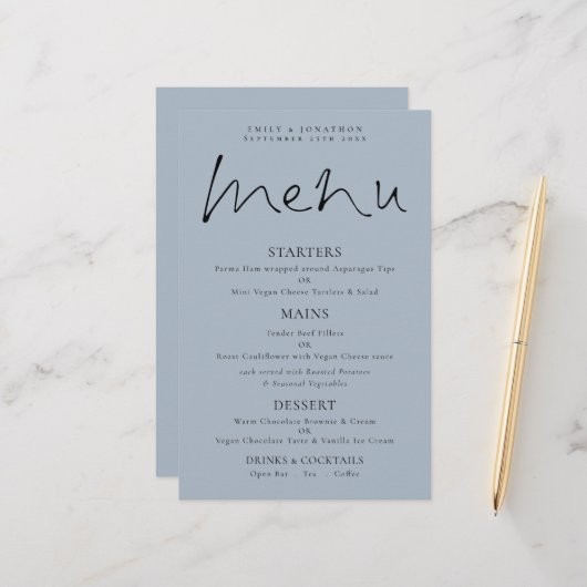 Budget Elegantes Script Dusty Blue Wedding Menü (Vorderseite/Rückseite Beispiel)