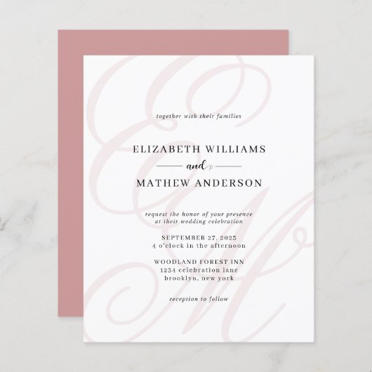 Budget Elegantes Script Dusty Pink Monogram Weddin (Vorne/Hinten)