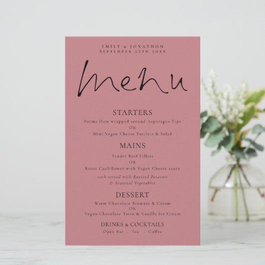 Budget Elegantes Script Dusty Rose Wedding Menu (Stehend Vorderseite)
