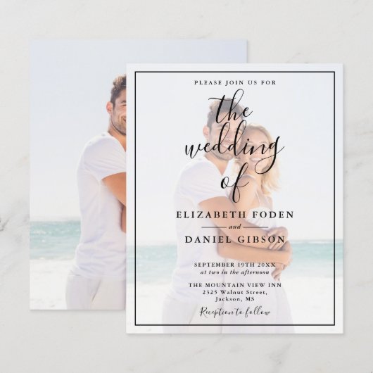 Budget Elegantes Script Foto Einladung Hochzeit (Vorne/Hinten)