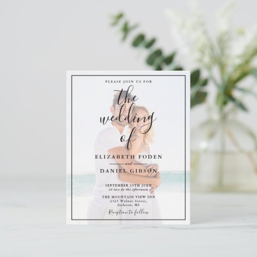 Budget Elegantes Script Foto Einladung Hochzeit (Stehend Vorderseite)