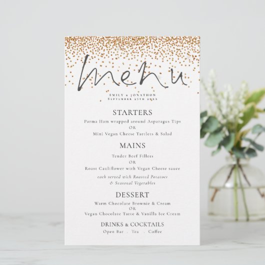 Budget Elegantes Script Gold Glitzer Hochzeitmenü (Stehend Vorderseite)