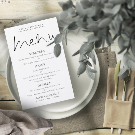 Budget Elegantes Script Schwarz-weiß Wedding Menu