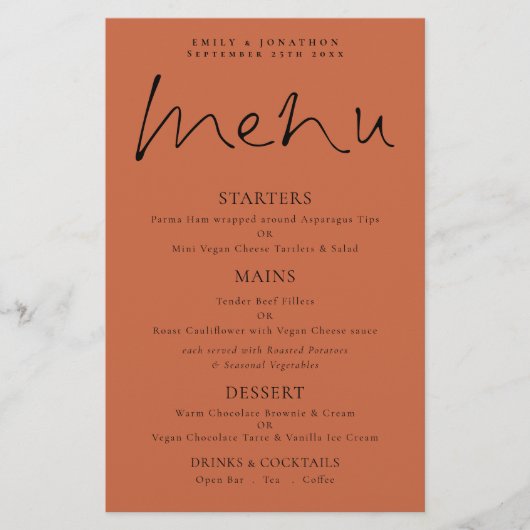 Budget Elegantes Script Terracotta Wedding Menu (Vorderseite)