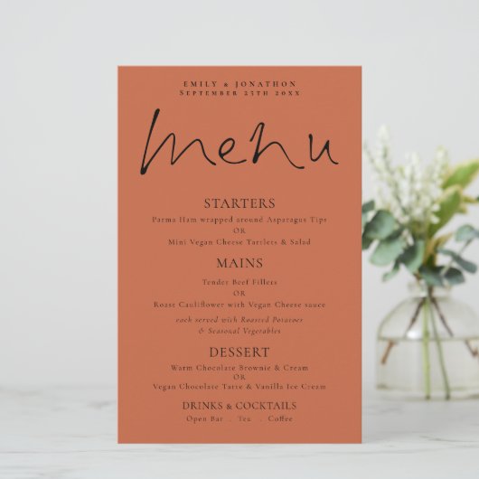 Budget Elegantes Script Terracotta Wedding Menu (Stehend Vorderseite)