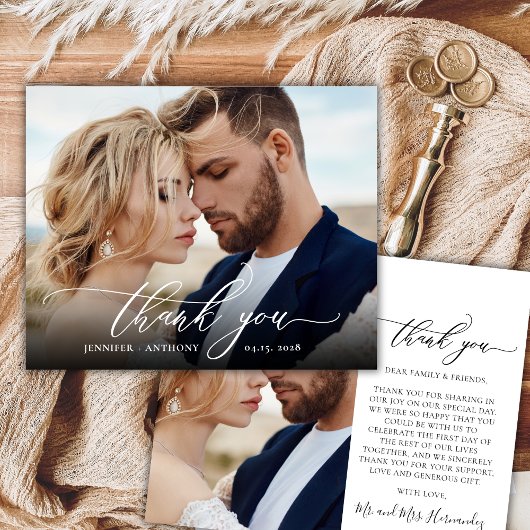 Budget Elegantes Script Wedding Foto Danke Karte