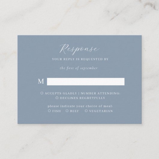 BUDGET Elegantes Skript Dusty Blue Wedding Rsvp Begleitkarte (Vorderseite)