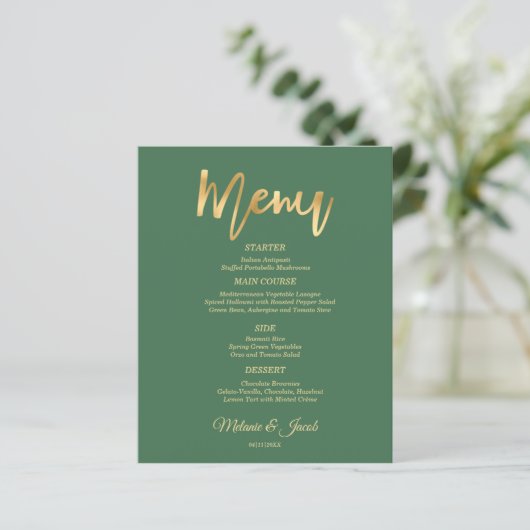 Budget Elegantsage Green Scripture Gold Menü Karte (Stehend Vorderseite)