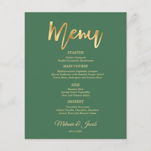 Budget Elegantsage Green Scripture Gold Menü Karte (Vorderseite)