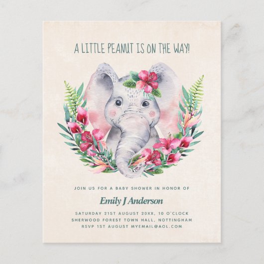 BUDGET Elephant Baby Shower laden DeepPink Floral  (Vorderseite)