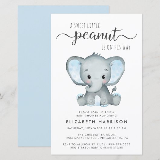 Budget Elephant Blue Baby Dusche Einladung (Vorne/Hinten)