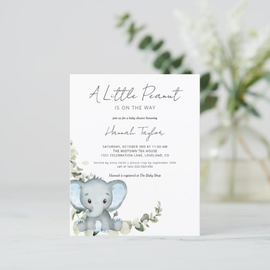Budget Elephant Boy Baby Shower Einladung (Stehend Vorderseite)