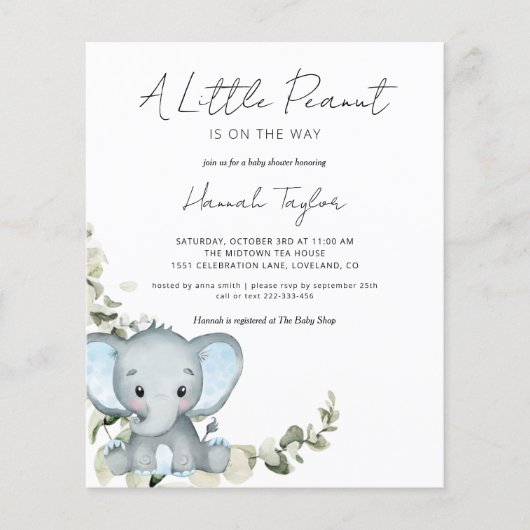 Budget Elephant Boy Baby Shower Einladung (Vorderseite)