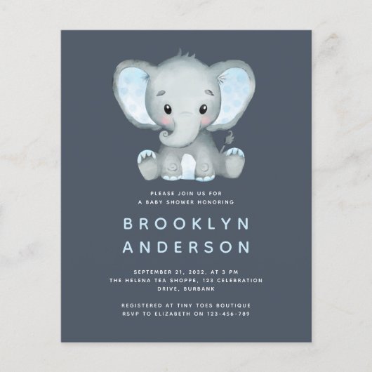 BUDGET Elephant Boy Baby Shower Einladung (Vorderseite)