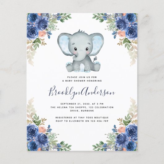 BUDGET Elephant Boy Baby Shower Einladung (Vorderseite)