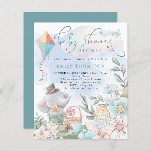 Budget Elephant Boy Baby Shower Picnic Einladung (Vorne/Hinten)