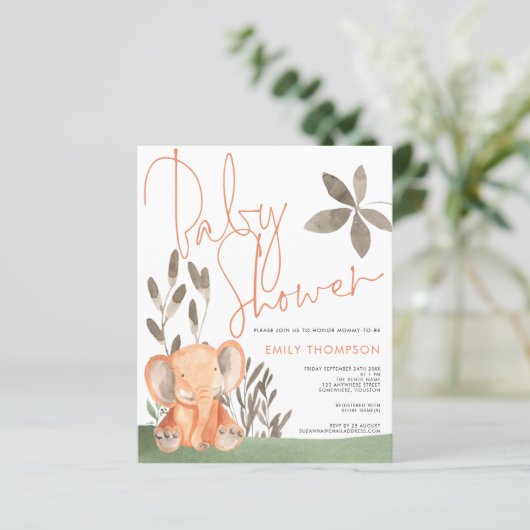 Budget Elephant Coral Baby Dusche Einladung (Stehend Vorderseite)