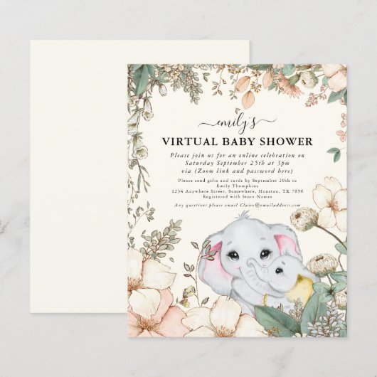 Budget Elephant Cream Virtual Baby Dusche einladen (Vorne/Hinten)