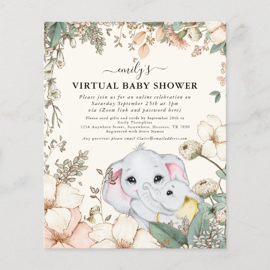 Budget Elephant Cream Virtual Baby Dusche einladen (Vorderseite)