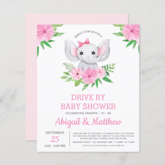 BUDGET Elephant Drive by Baby Shower Einladung (Vorne/Hinten)