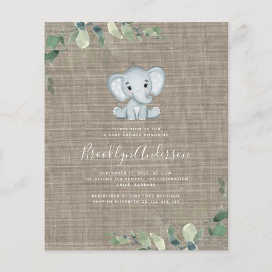 BUDGET Elephant Eucalyptus Baby Shower Einladung (Vorderseite)