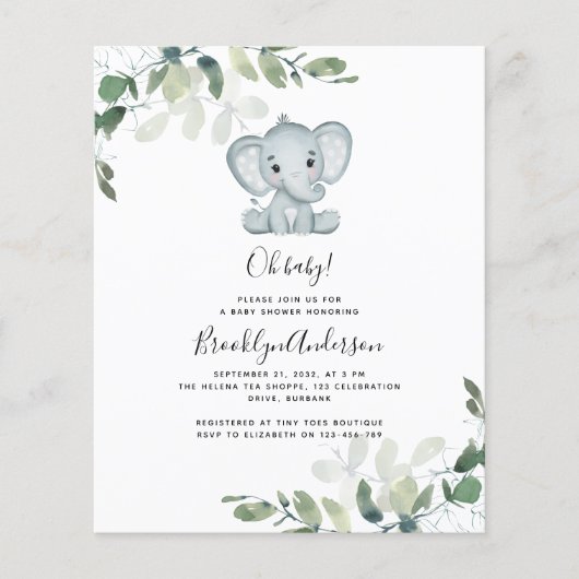 BUDGET Elephant Eucalyptus Baby Shower Einladung (Vorderseite)
