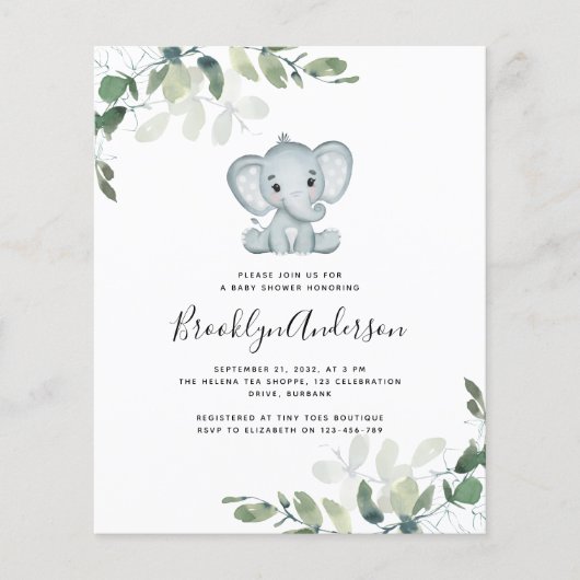 BUDGET Elephant Eucalyptus Baby Shower Einladung (Vorderseite)