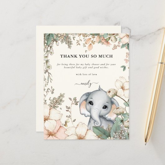 Budget Elephant Floral Cream Baby Dusche Vielen Da (Vorderseite/Rückseite Beispiel)