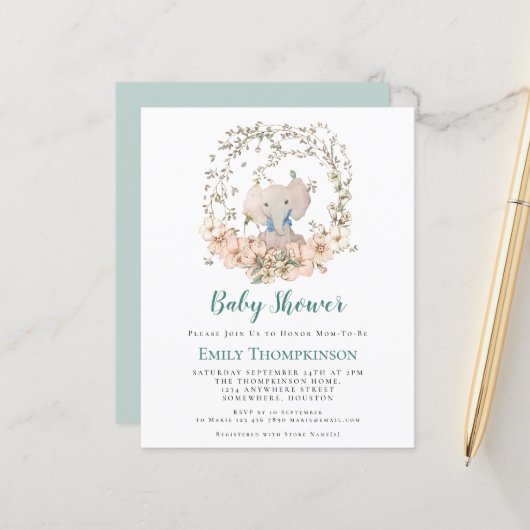 Budget Elephant Foliage Boy Babydusche Einladung (Vorderseite/Rückseite Beispiel)