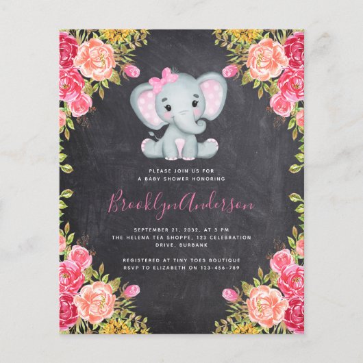 BUDGET Elephant Girl Shower Einladung (Vorderseite)