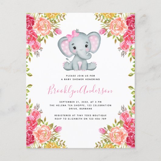 BUDGET Elephant Girl Shower Einladung (Vorderseite)