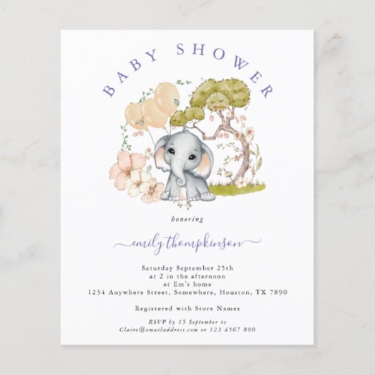 Budget Elephant Lilac Baby Dusche Einladung (Vorderseite)