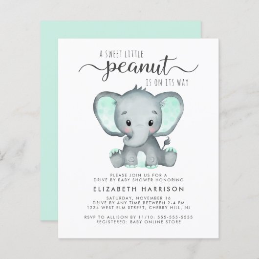 Budget Elephant Mint Drive by Baby Shower Einladun (Vorne/Hinten)