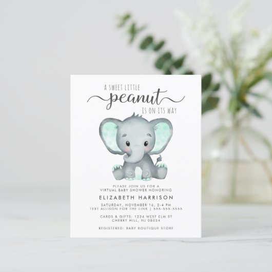 Budget Elephant Mint Virtual Baby Dusche einladen (Stehend Vorderseite)