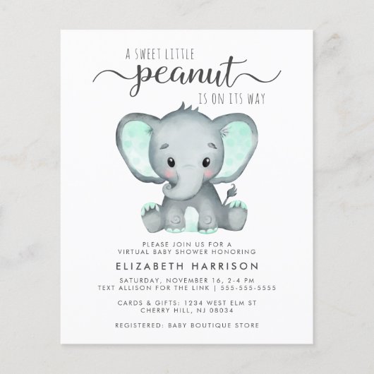 Budget Elephant Mint Virtual Baby Dusche einladen (Vorderseite)